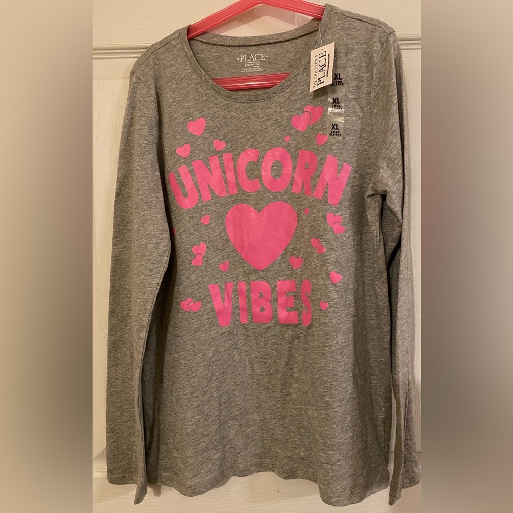 New-Children!s Place Long Sleeve Gray Unicorn Shirt Size XL 14